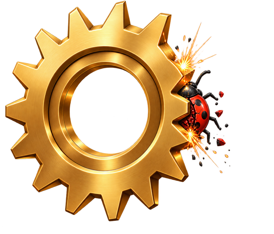 A gear grinding through a bug with a spark, representing automated tooling cutting through vulnerabilities