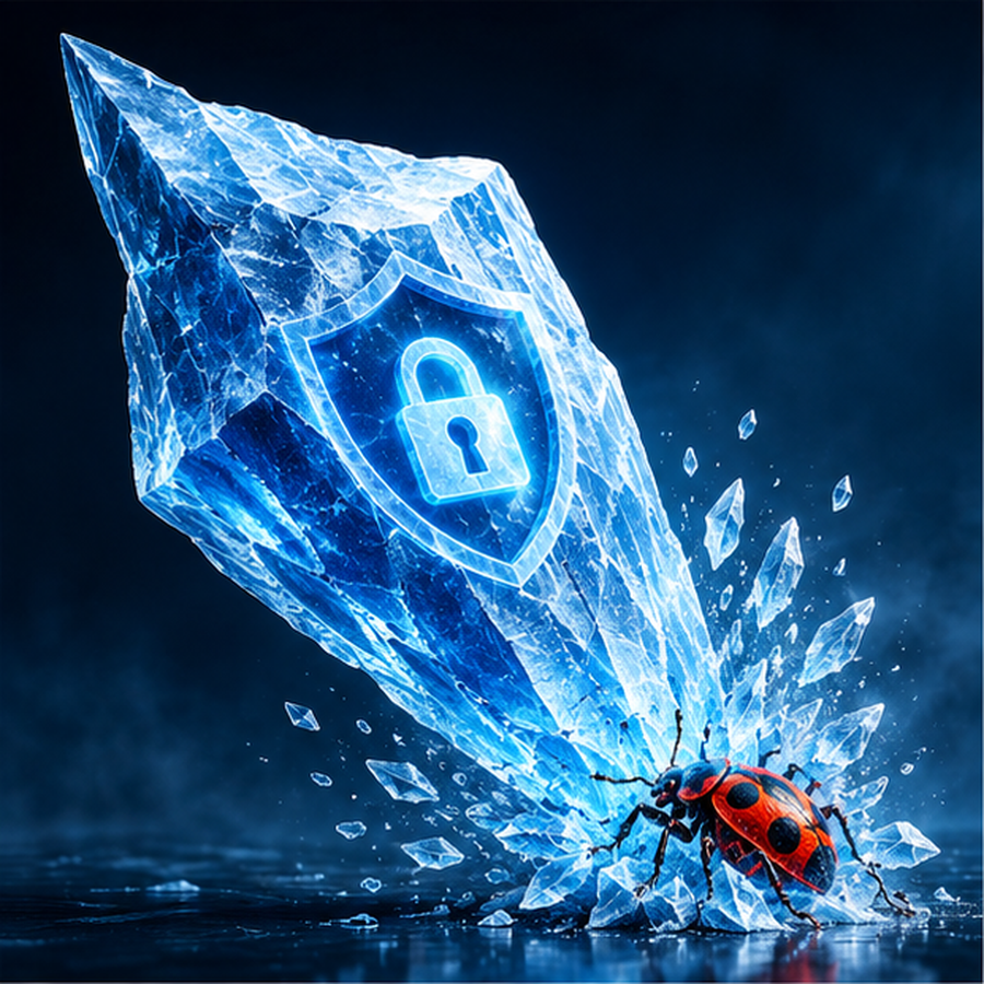 A sharp iceberg piercing through a bug, representing hidden vulnerabilities surfaced before attackers find them