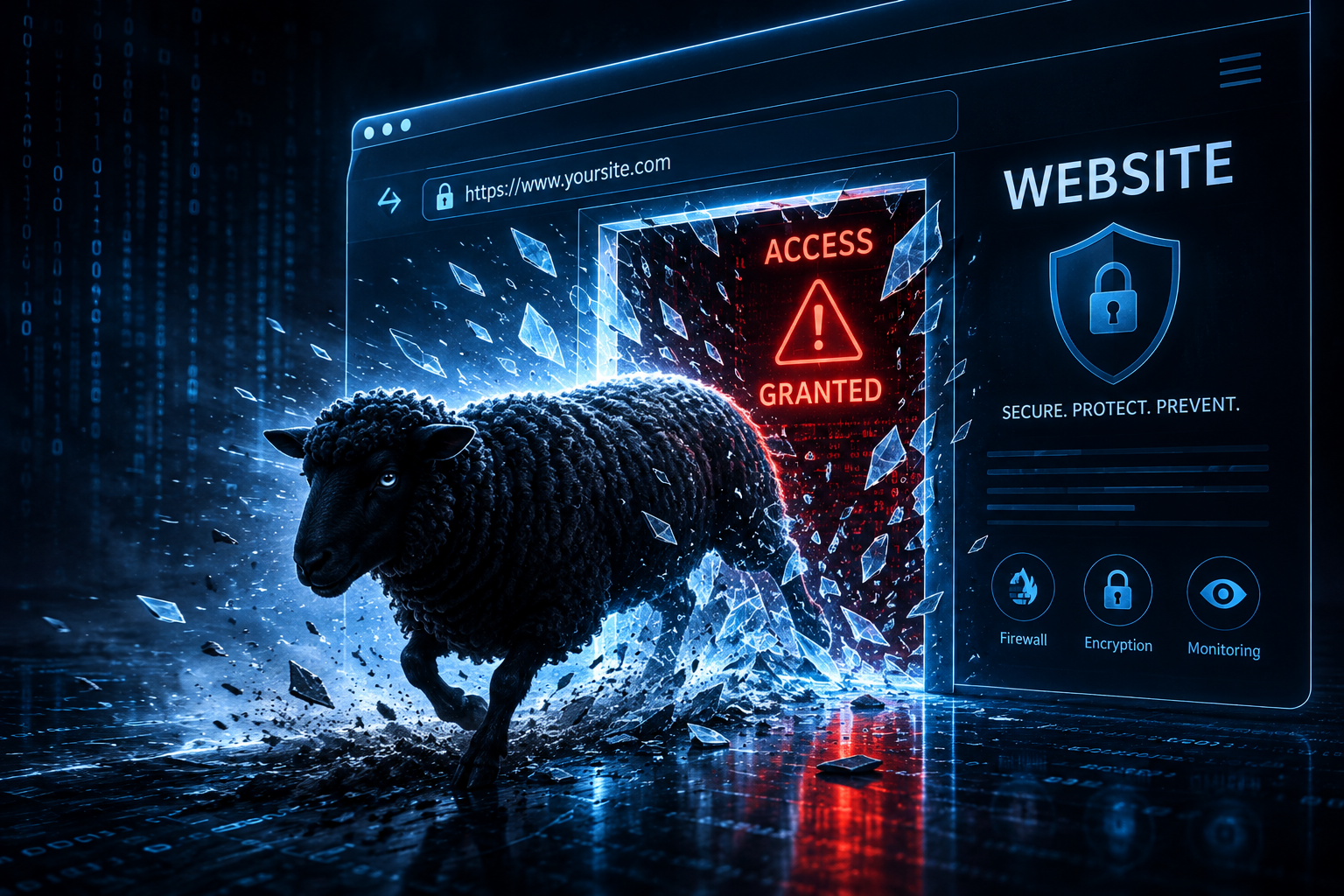 A black sheep breaking out through a shattering website panel marked ACCESS GRANTED, representing an unmapped presence breaking into your attack surface